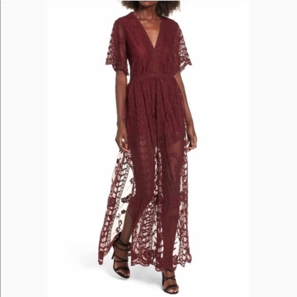 Socialite Burgundy Lace Overlay Romper Dress - Picture 1 of 8